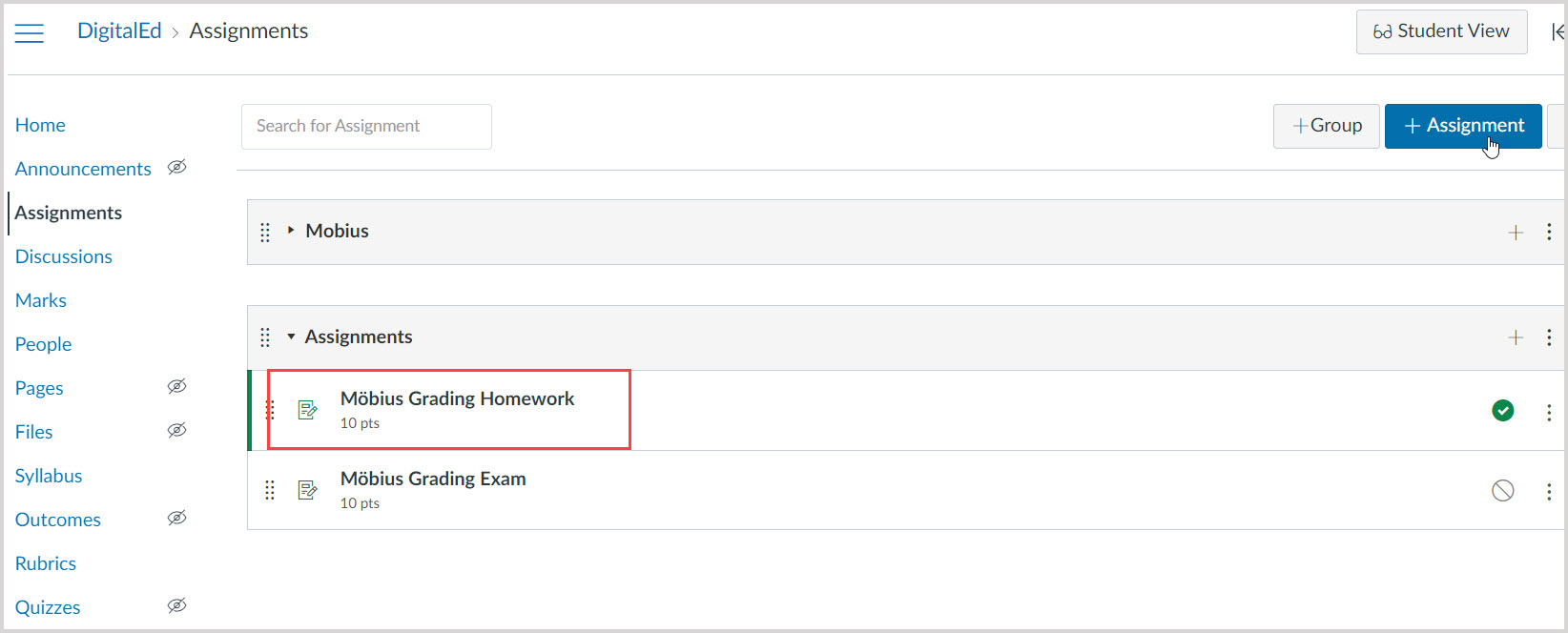 Canvas Assignments page with a link called Mobius Grading Homework.